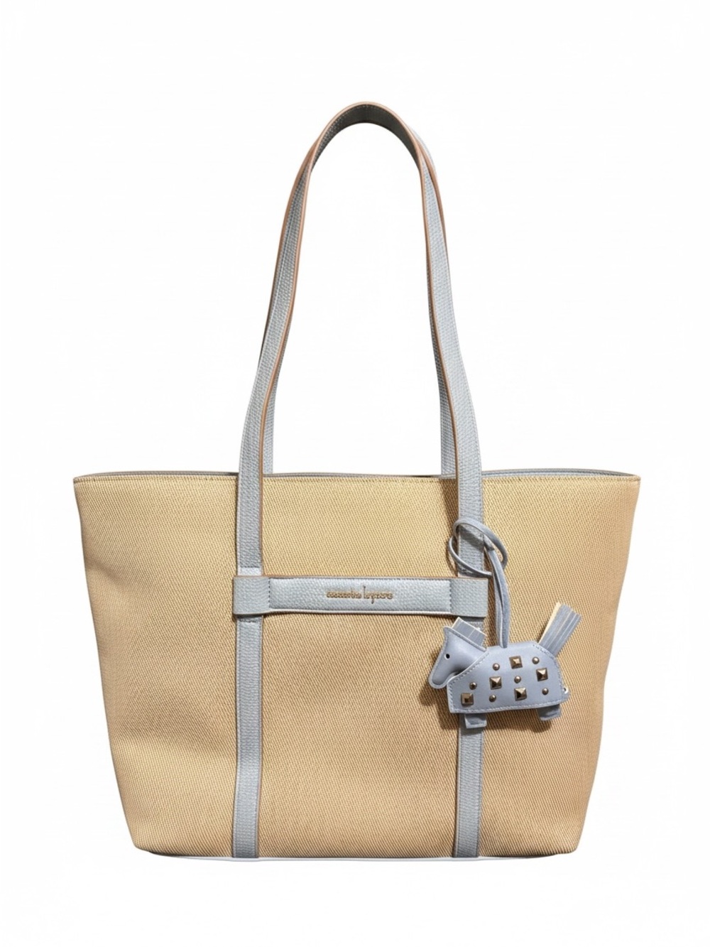 Nanette Lepore Beige Tote Canvas with Light Blue Leather Trim and Charm